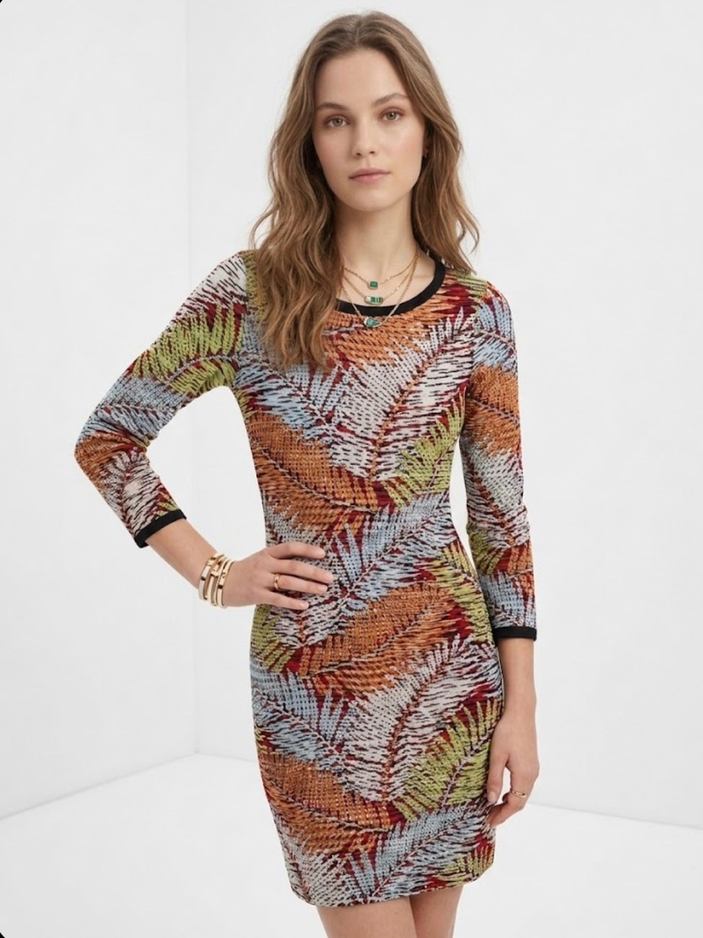 MISSONI Italy Multi-Color Palm Jacquard Knit Shift Dress